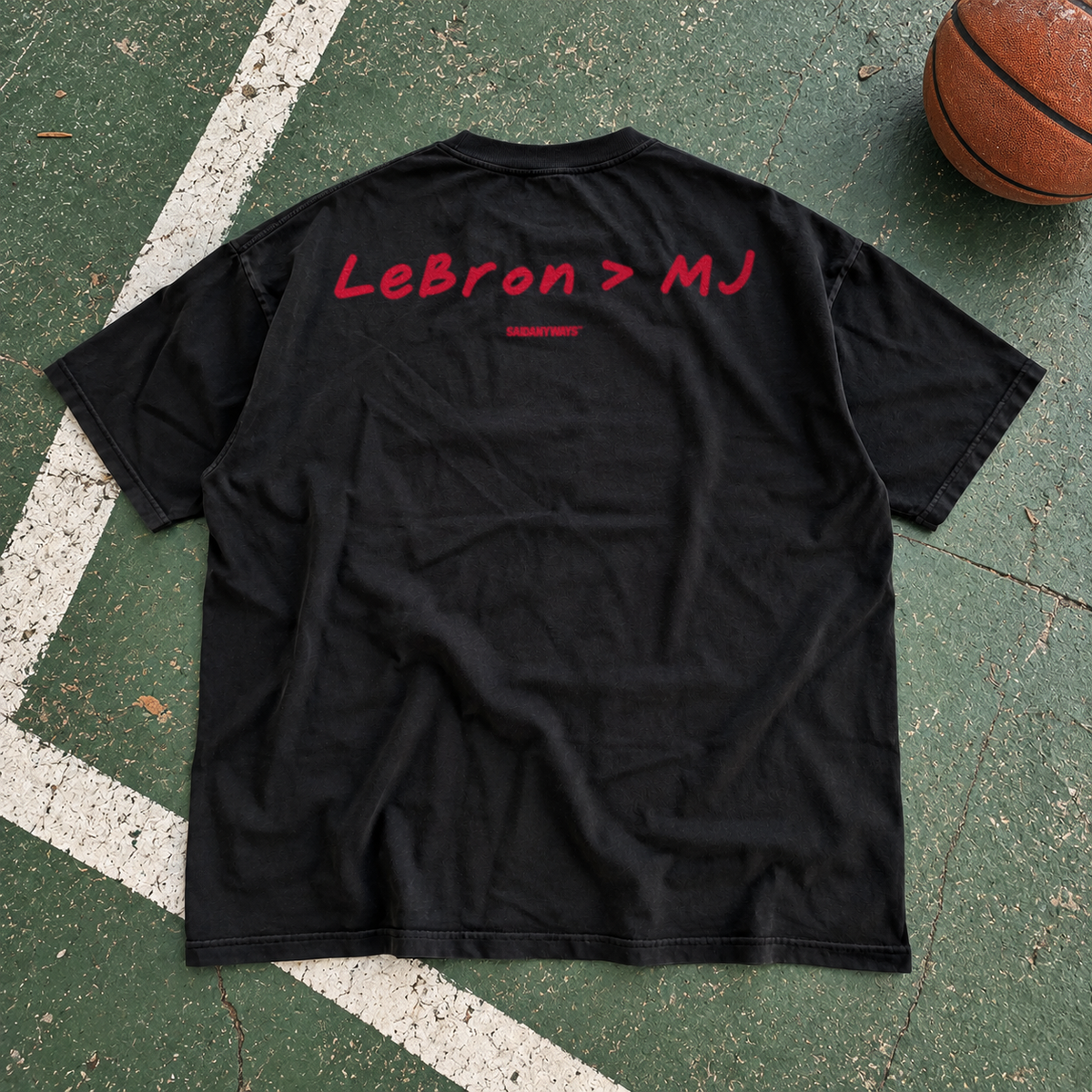 LeBron > MJ Basketball Debate black tee – back print