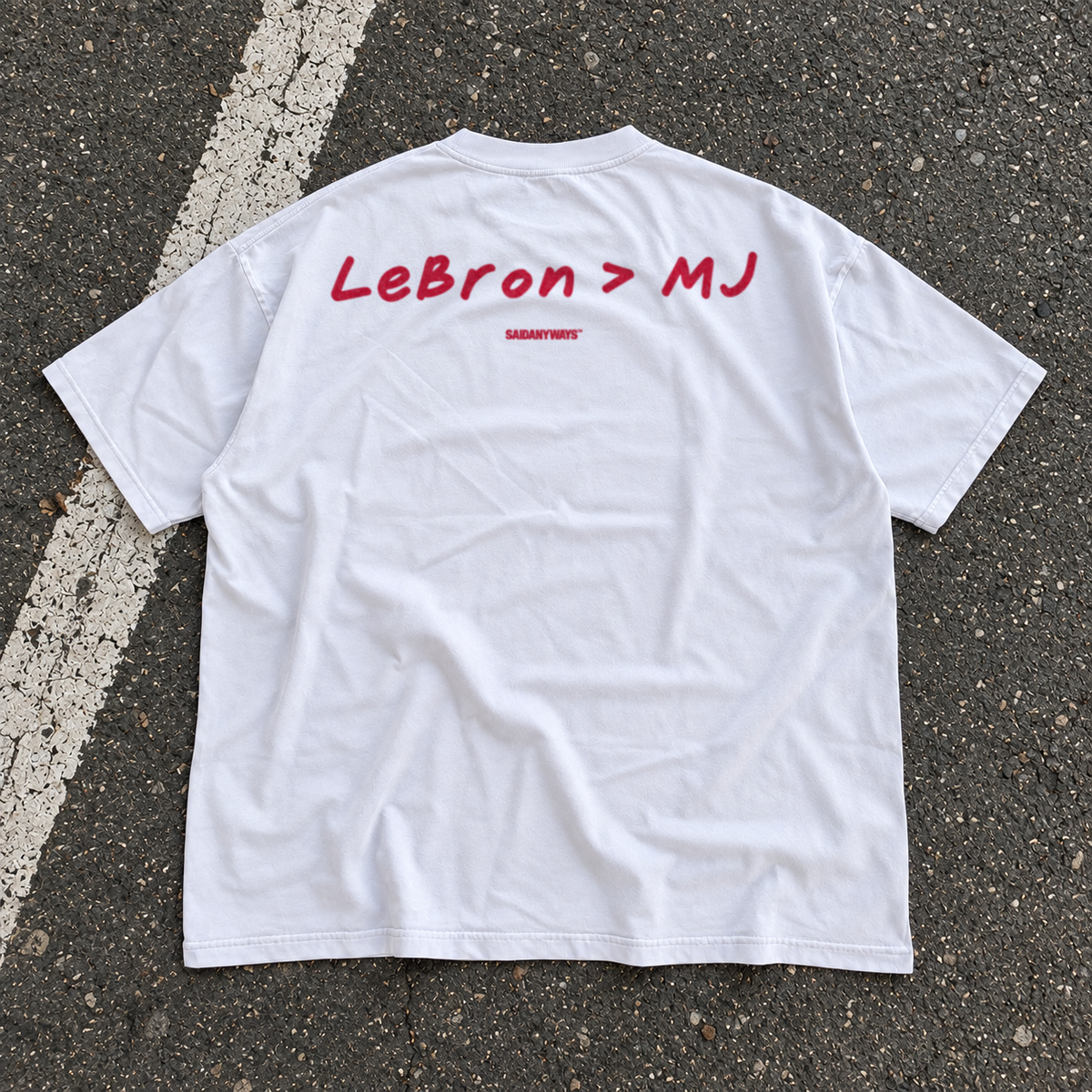 LeBron > MJ Basketball Debate white tee – back print