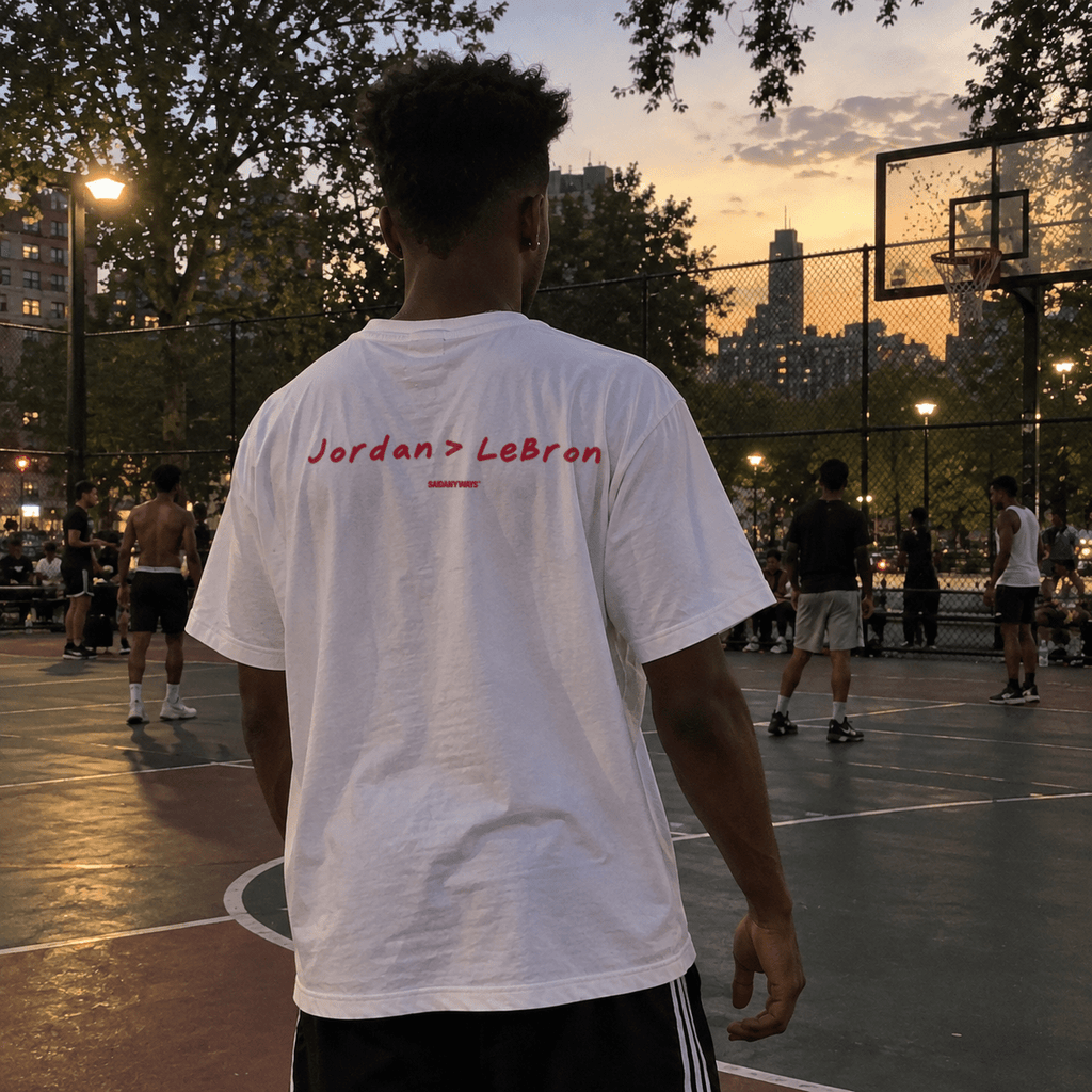 Jordan > LeBron Basketball Debate — White Tee - SAIDANYWAYSJordan > LeBron Basketball Debate — White TeeT-ShirtSAIDANYWAYS
