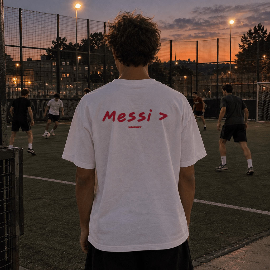 Messi > Football Debate — White Tee - SAIDANYWAYSMessi > Football Debate — White TeeT-ShirtSAIDANYWAYS
