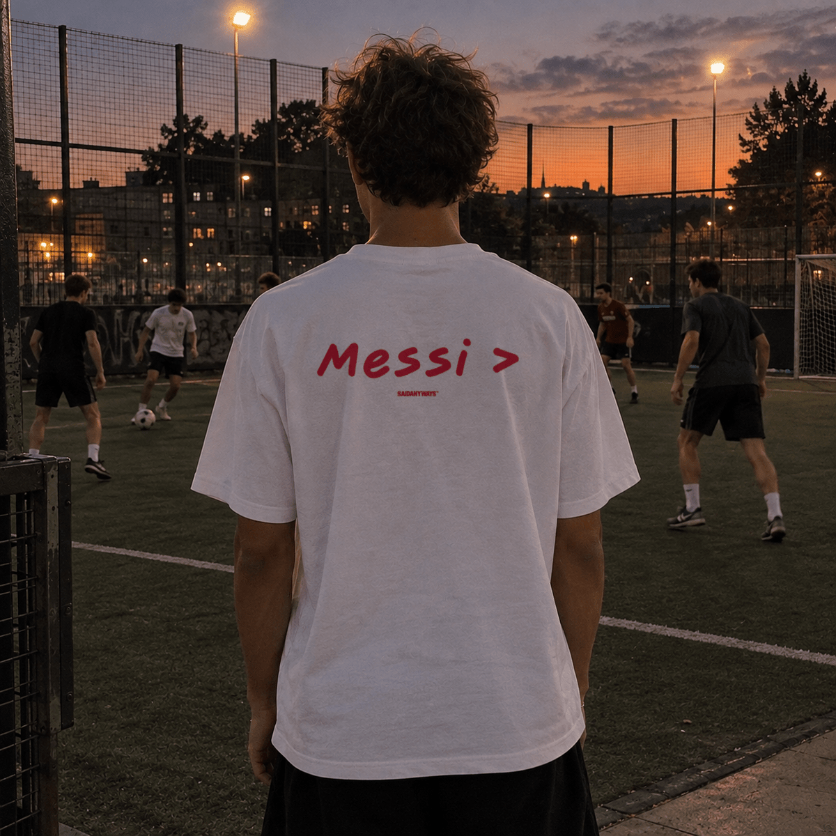 Messi > Football Debate — White Tee - SAIDANYWAYSMessi > Football Debate — White TeeT-ShirtSAIDANYWAYS